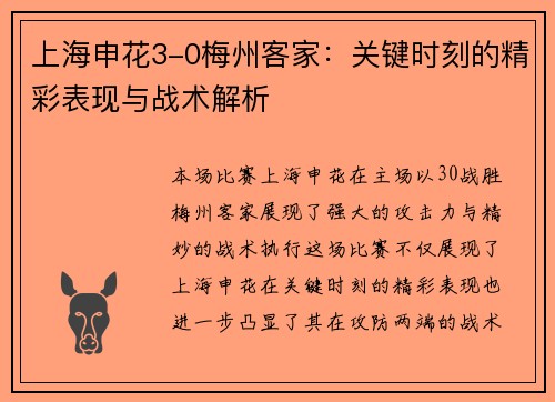 上海申花3-0梅州客家：关键时刻的精彩表现与战术解析